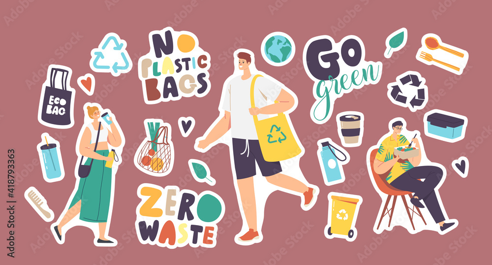 Set Stickers Zero Waste, No Plastic Bags. People, Recycling Litter Bin, Bamboo or Wood Utensils, Eco Bag and Earth Globe