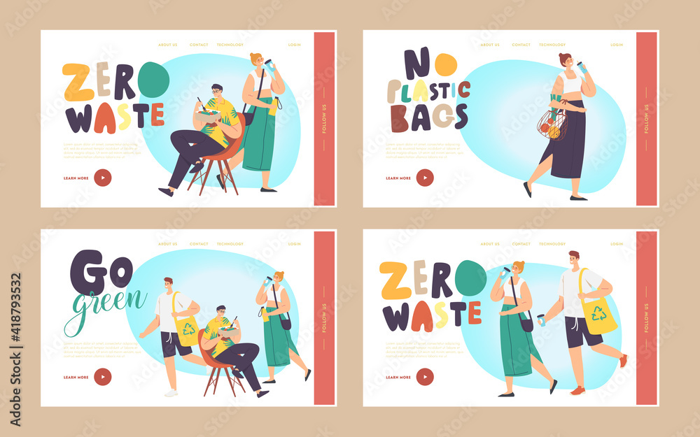 Go Green, Zero Waste Landing Page Template Set. People Visit Shop with Reusable Bags. Characters Use Ecological Packing