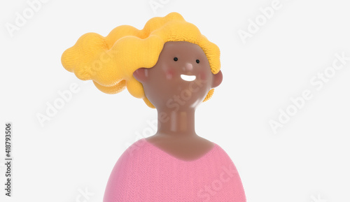 3D Bright people portrait - 3D render design concept illustration of a plastuc doll of a young woman, face and shoulders avatar. User picture volumetric icon