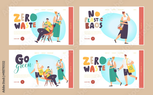 Go Green  Zero Waste Landing Page Template Set. People Visit Shop with Reusable Bags. Characters Use Ecological Packing