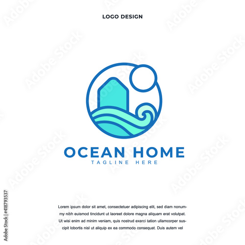 Creative house in circle shape with ocean wave icon logo design vector illustration. ocean home logo design color editable