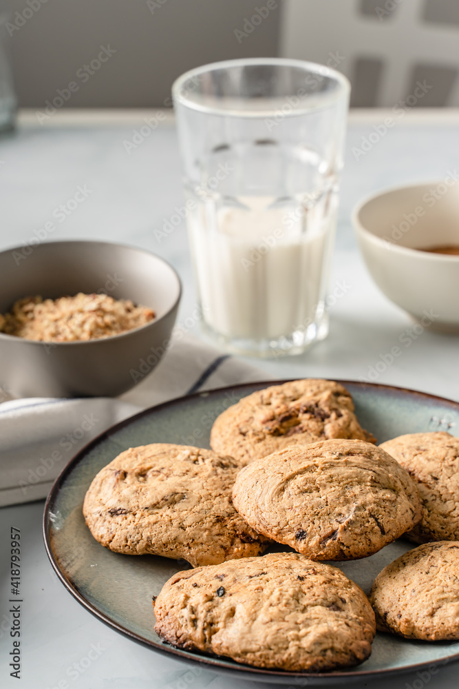 Close up front view on crunchy oatmeal chip cookies fresh baked biscuits with chocolate and cocoa in a plate on the table and ingredients beside homemade food concept Close up front view on crunchy oatmeal chip cookies fresh baked biscuits with chocolate and cocoa in a plate on the table and ingredients beside homemade food concept