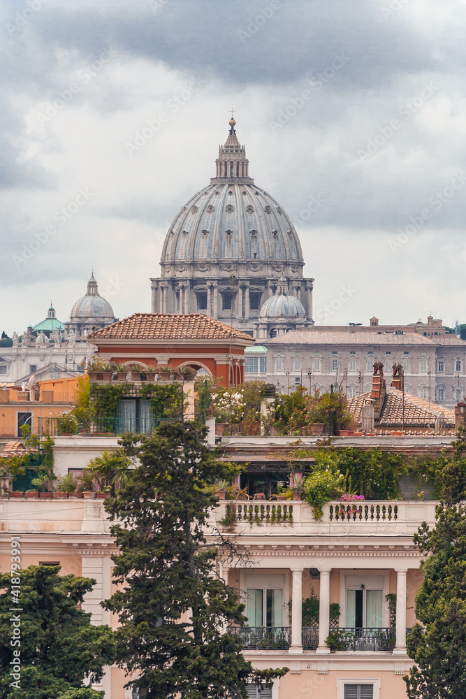 View of St. Peter's Basilica in Vatican from the Pincio Terrace, Rome, Lazio, Italy