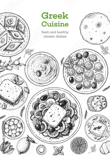 Greek cuisine top view frame. Set of greek dishes with greek salad, pastitsio, taramosalata, keftedes, gemista. Food menu design template. Vintage hand drawn sketch vector illustration. Engraved image