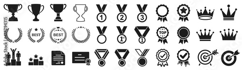 Set of winning icons, victory signs depicting an award, achievement, heraldry, nobility - stock vector