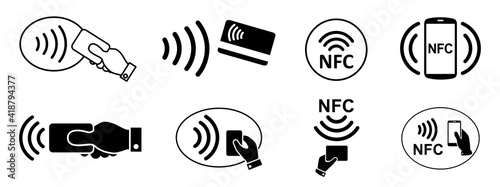 Set NFC wireless payment technology icon, contactless payment, credit card tap pay wave logo, near field communication sign, contactless pay pass fast payment symbol, smart key card contact nfc photo