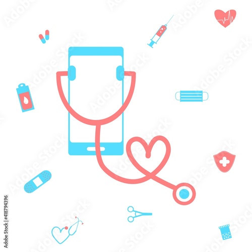 Online tele medicine flat illustration concept. Medical consultation and treatment via application of smartphone connected internet clinic. Online ask doctor consultation technology in mobile vector.