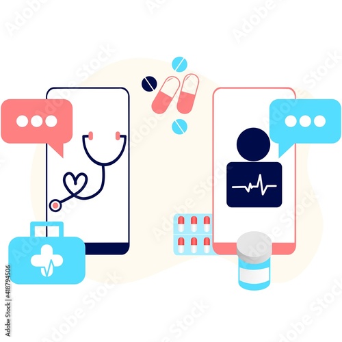 Online tele medicine flat illustration concept. Medical consultation and treatment via application of smartphone connected internet clinic. Online ask doctor consultation technology in mobile vector.