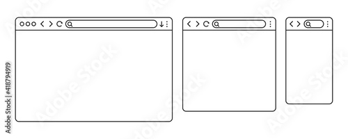 Simple browser window in a flat style, line design a simple blank web page, search in internet, line template mockup browser window on computer, tablet and mobile phone - stock vector photo