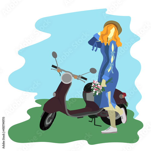 A girl stands with a bouquet of flowers near the scooter, making a walk