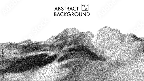 Dot stipple landscape mountains. Vector landscape in dotwork style. Black and white grainy dotwork design. Pointillism graphic.
