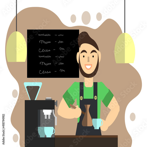 barista prepares coffee in cezve standing at the counter and holds a cup in his hands