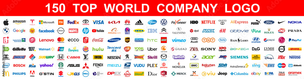 Kiev, Ukraine - March 07, 2021: Top 150 most popular famous and biggest  world company logo brands. The largest and most powerful corporations in  the world. Editorial vector Stock Vector | Adobe Stock
