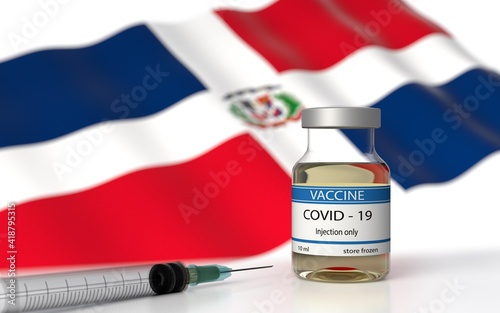 COVID 19 Vaccine approved and launched in Dominican Republ. Corona Virus SARS CoV 2, 2021 nCoV vaccine delivery. Dominican Republic flag on background and vaccine bottle. 3D illustration  photo