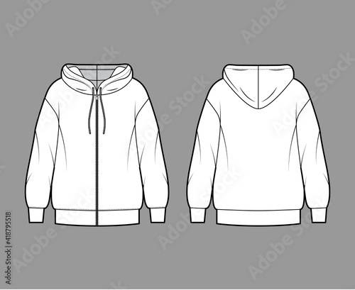 Zip-up Hoody sweatshirt technical fashion illustration with long sleeves, oversized body, banded hem, drawstring. Flat apparel template front, back, white color style. Women, men, unisex CAD mockup