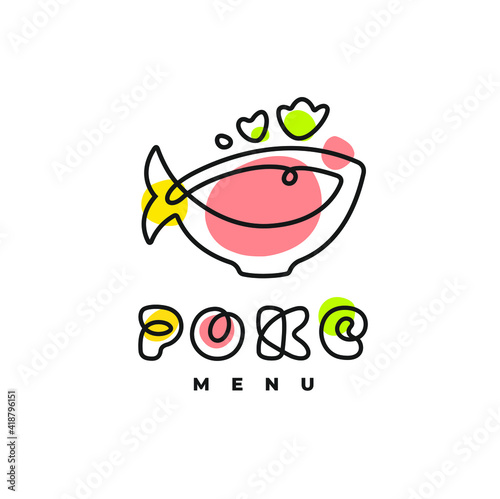 Poke Bowl Hawaiian Cuisine Artisanal Sign. Plate with Fish Healthy Food Restaurant Line Vector Illustration 