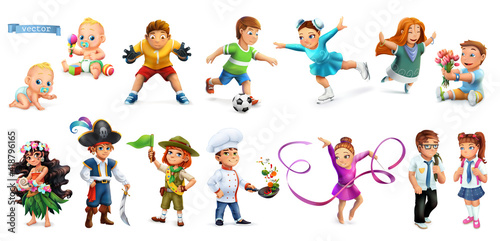 Children. Funny cartoon characters 3d vector icons set