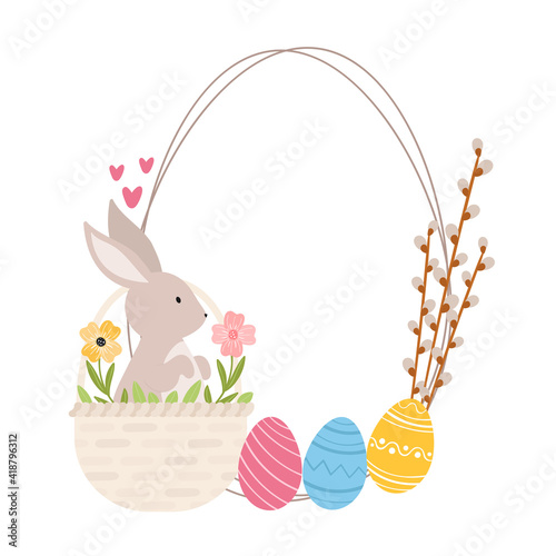 Easter colorful cartoon style card, frame with place for text. Oval shape, frame with Easter eggs, cute bunny, basket, flowers and pussy willow. Hand drawn vector illustration. For cards, banners.