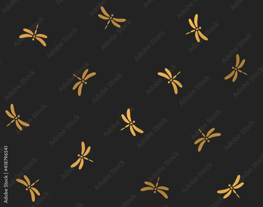 Black seamless pattern with gold dragonflys.