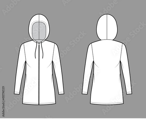 Zip-up Hoody dress technical fashion illustration with long sleeves, mini length, oversized body, Pencil fullness. Flat apparel template front, back, white color style. Women, men, unisex CAD mockup