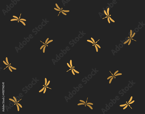 Black seamless pattern with gold dragonflys.