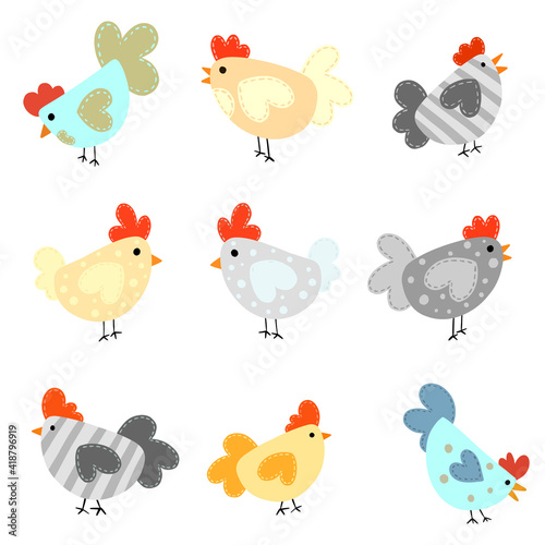 Cute Cartoon Hens, Chickens and Roosters In Vector Illustration