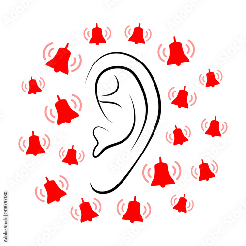 Contours of person's ear and plenty of small ringing red bells