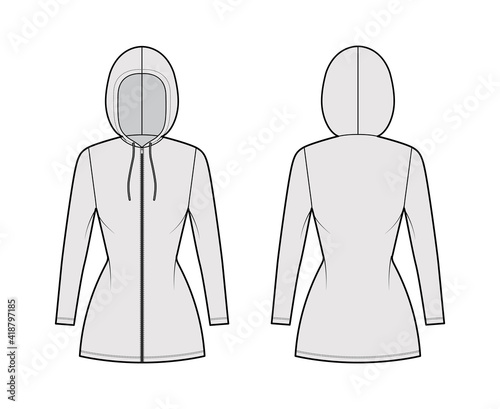Zip-up Hoody dress technical fashion illustration with long sleeves, mini length, fitted body, Pencil fullness. Flat apparel template front, back, grey color style. Women, men, unisex CAD mockup