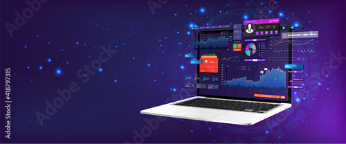 Dashboard Application on laptop with business analytics data, charts and graphics on perspective laptop. Web banner, concept statistics graphs, investment, trade and finance management. Vector 