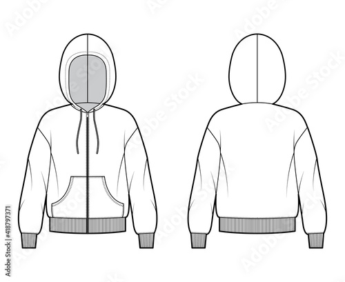Zip-up Hoody sweatshirt technical fashion illustration with long sleeves, oversized body, pouch, knit rib cuff, banded hem. Flat apparel template front, back, white color. Women, men unisex CAD mockup