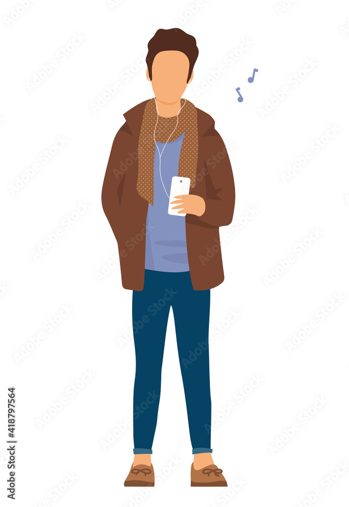 A young man is standing in street clothes. Listens to music on headphones from a smartphone. Vector isolated illustration.