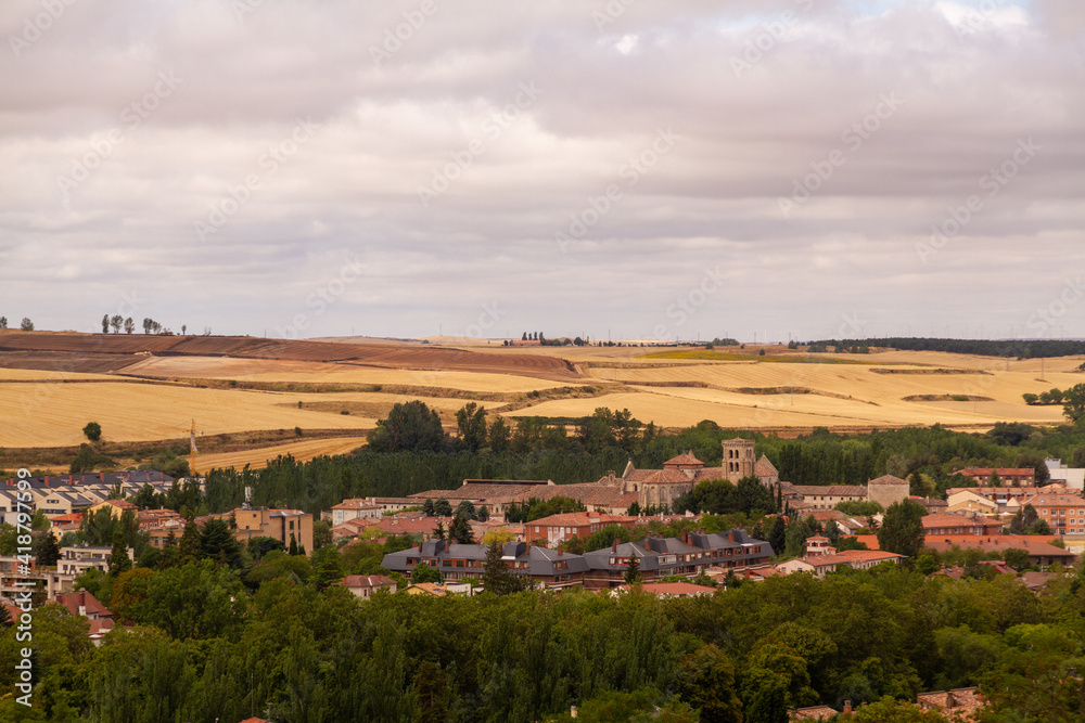 Wide shot of a townsurrounded by yellow fields