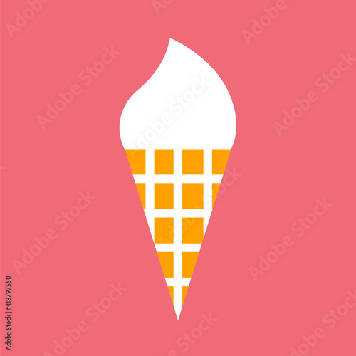 Vector icon with delicious ice cream in a waffle tube. Isolated illustration in flat style on a pink background