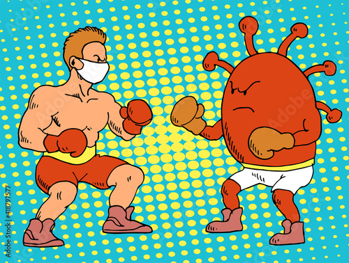 Human fight against the covid-19 virus. Cartoon male boxer fighting against coronavirus wearing boxing gloves. A medical mask on the face. Vector illustration comic pop art. photo