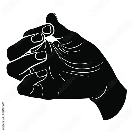 Human hand in pinch gesture. Palm with bent fingers. Black and white silhouette. Cartoon style.