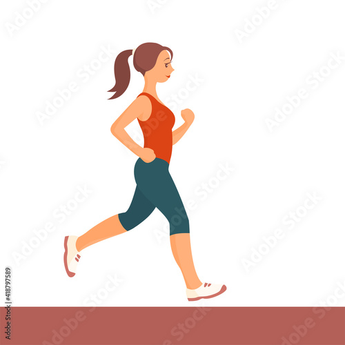 A beautiful slender girl is running. Sports training. Cartoon illustration on a white background