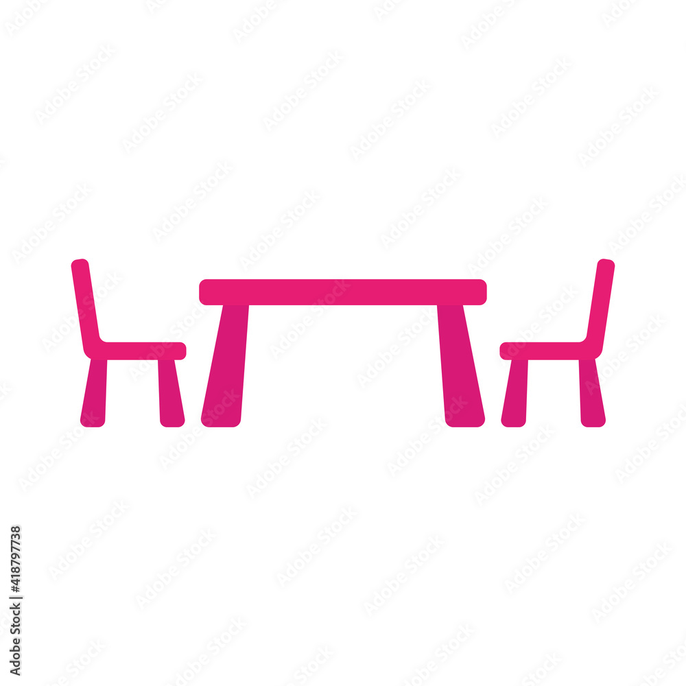 Table and chairs icon. Colored pink silhouette. Side view. Vector flat graphic illustration. The isolated object on a white background. Isolate.