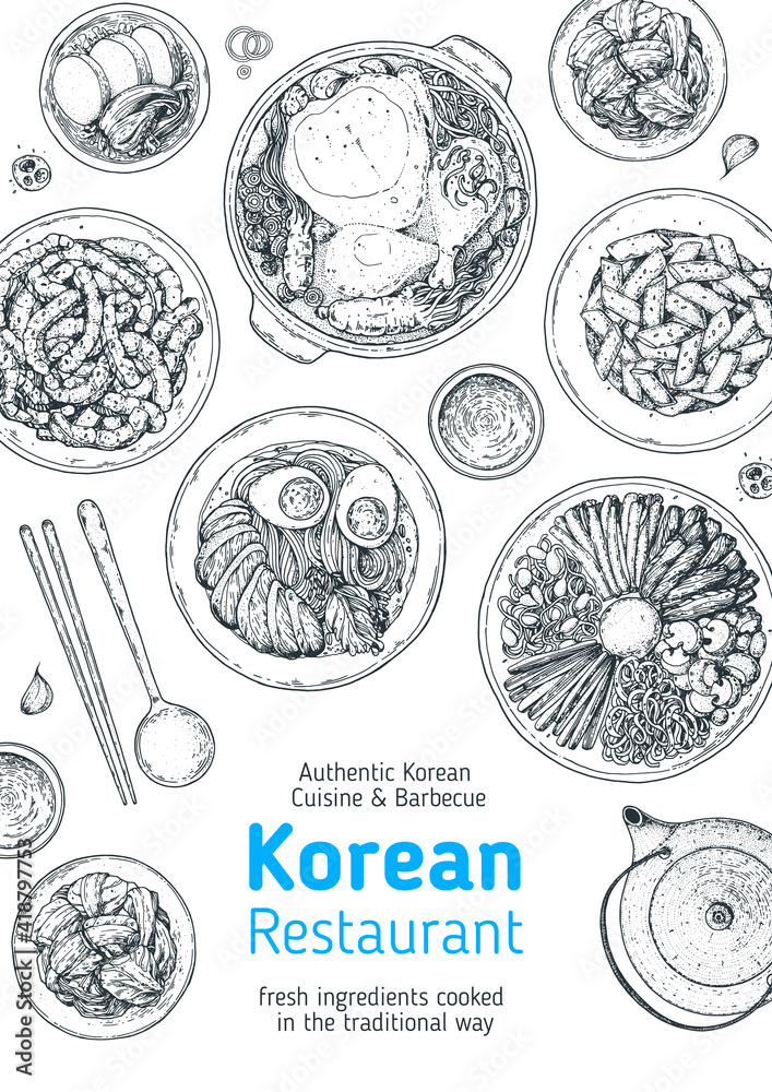 Korean food top view illustration. Hand drawn sketch. Bibimbap, chiken ramen, kimchi, noodles, tteokbokki, smagye-tang. Korean street food, take away menu design. Vector illustration.