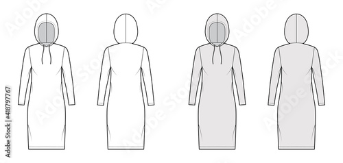 Hoody dress technical fashion illustration with long sleeves, knee length, oversized body, Pencil fullness. Flat sweater apparel template front, back, white, grey color. Women, men, unisex CAD mockup