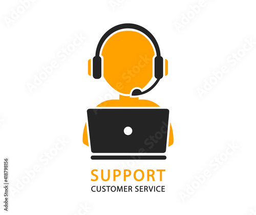 Support service with headphones. Hotline customer service. Call center operator. Vector Illustration.