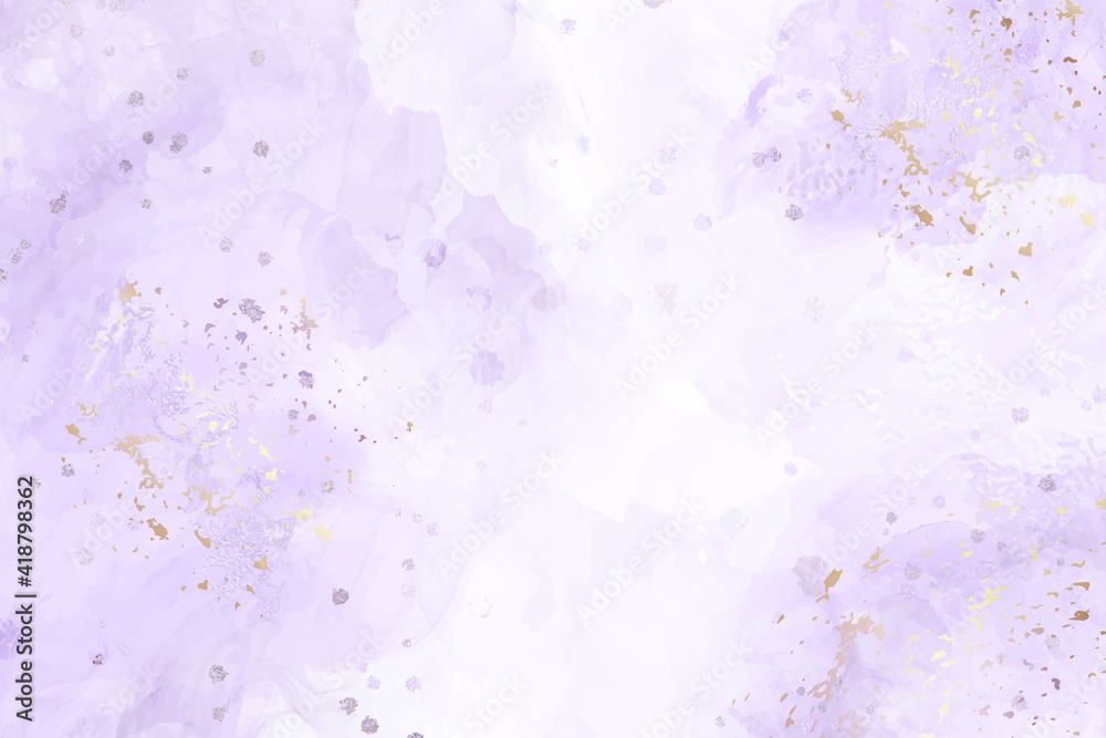 Abstract violet liquid watercolor background with golden stains. Pastel alcohol ink drawing effect. Modern fluid art painting with glitter. Vector illustration design template for wedding invitation