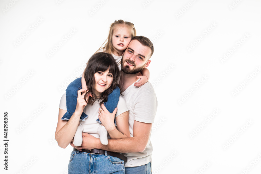 Young father and mother have fun with daughther isolated on white background Young father and mother have fun with daughther isolated on white background