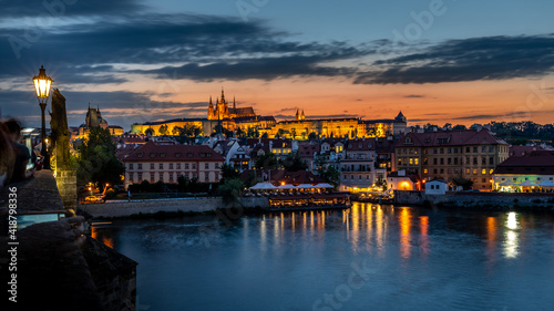 View of Prague old town, historical center with Prague Castle, St. Vitus Cathedral, Charles Bridge Karluv Most, Vltava river, evening view, Czech Republic