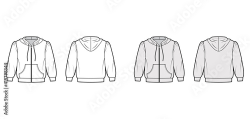Zip-up Hoody sweatshirt technical fashion illustration with elbow sleeves, kangaroo pouch, banded hem, drawstring. Flat apparel template front, back, white, grey color. Women, men, unisex CAD mockup