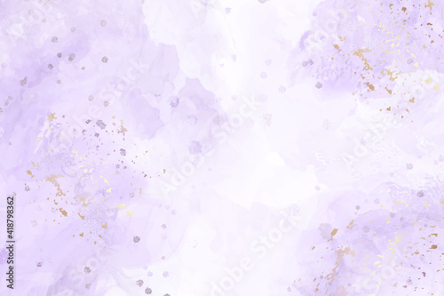 Abstract violet liquid watercolor background with golden stains. Pastel alcohol ink drawing effect. Modern fluid art painting with glitter. Vector illustration design template for wedding invitation