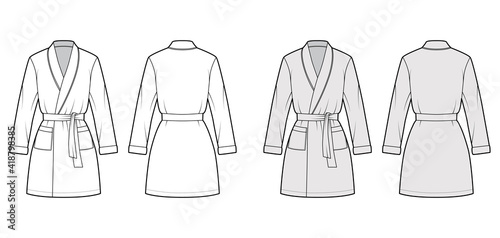 Bathrobe Dressing gown technical fashion illustration with wrap opening, mini length, oversized, pocket, long sleeves. Flat garment front back, white, grey color style. Women, men unisex CAD mockup