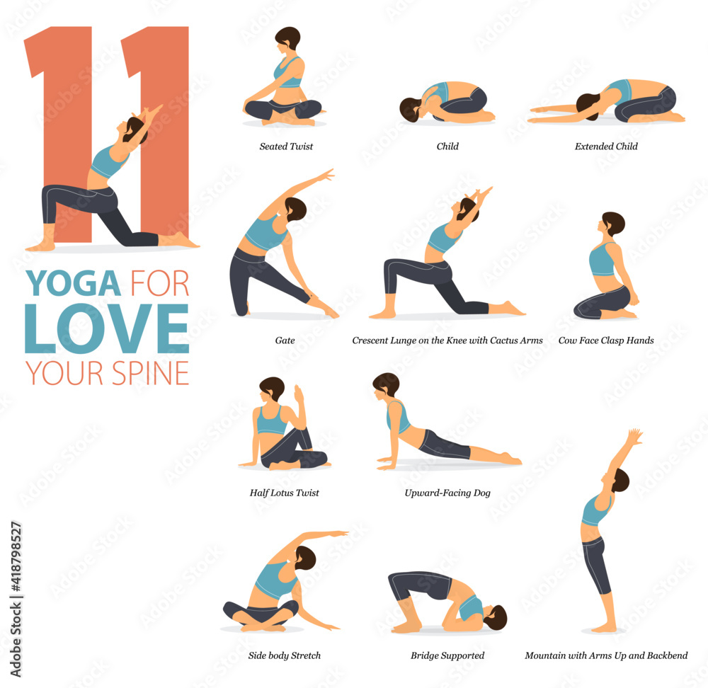 11 Yoga poses or asana posture for workout in Love Your Spine concept ...