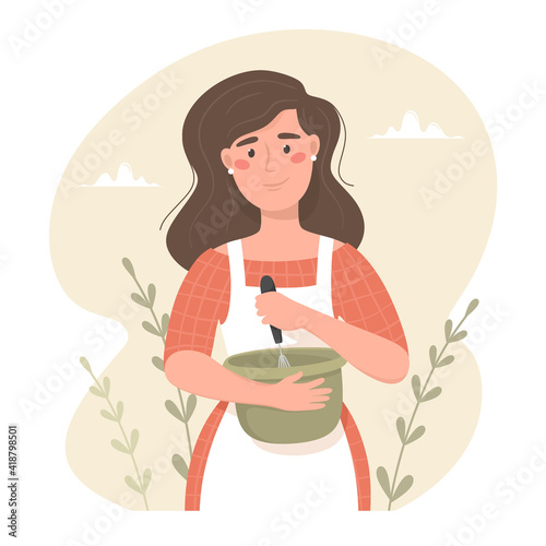 Happy woman in apron knocks baking ingredients in a bowl. . Hand drawn vector illustration. Cozy mood, homemade baked goods
