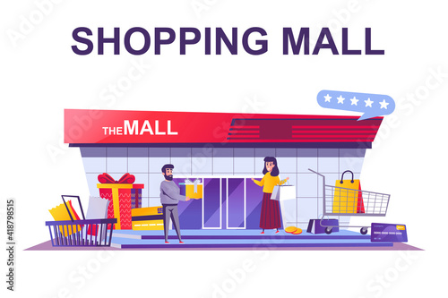 Shopping mall web concept in flat style. People buy things and gifts, seasonal sales and discounts, packages and boxes, retail scene. Vector illustration of cartoon characters for website design