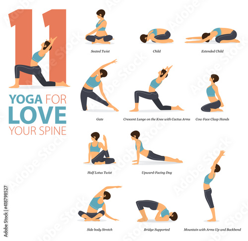 11 Yoga poses or asana posture for workout in Love Your Spine concept ...